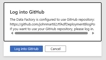 GitHub login prompt within Azure Data Factory Studio.
