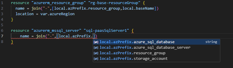 Intellisense in vscode looking up the name of the map value in the local.azPrefix map.