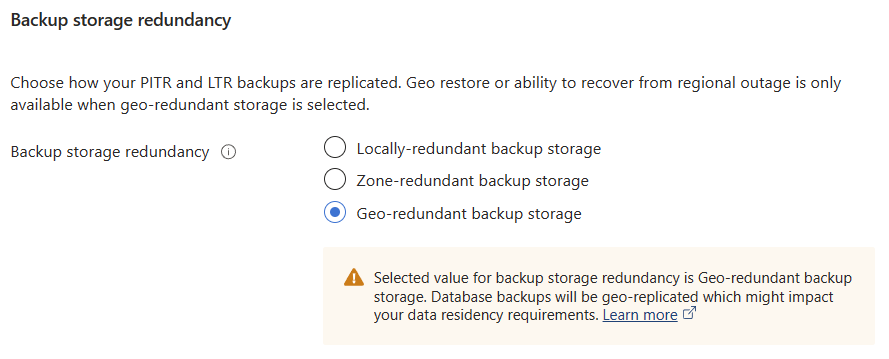Azure SQL Database backup options, locally-redundant, zone-redundant, geo-redundant.